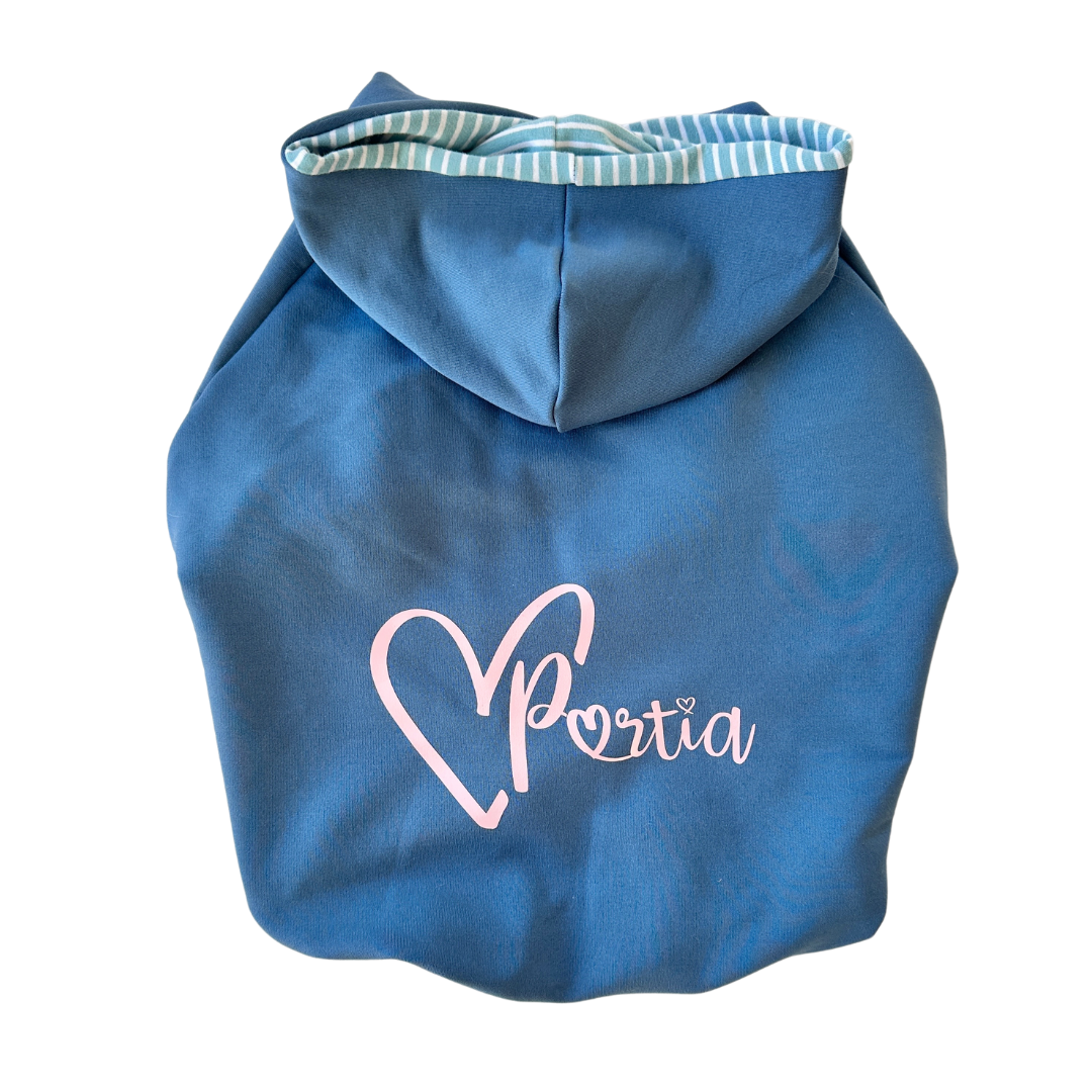 dog in green merino top on a rock