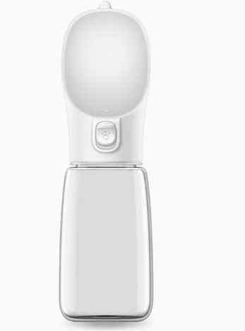A white dog water bottle with a spherical top and a label that reads 'Clothes by Portia