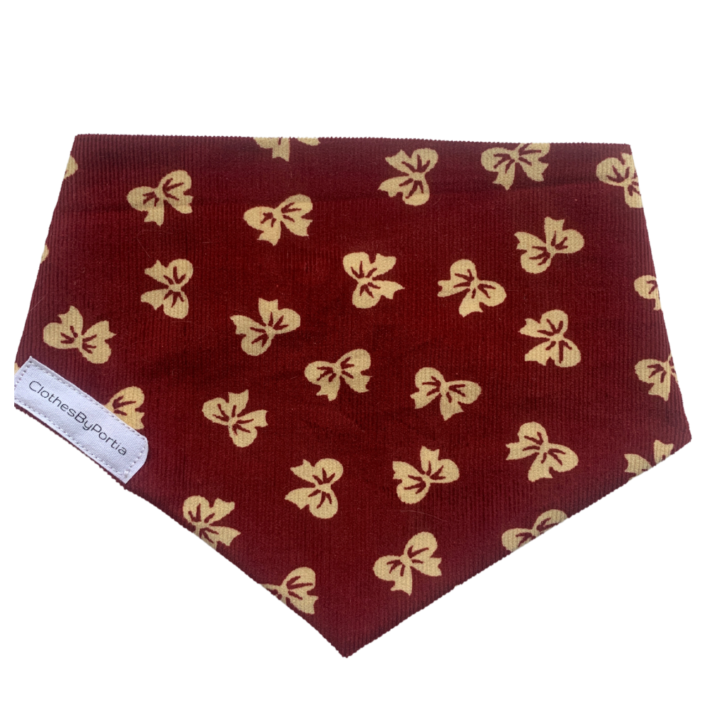burgundy with cream bow printed cord dog bandana made in NZ