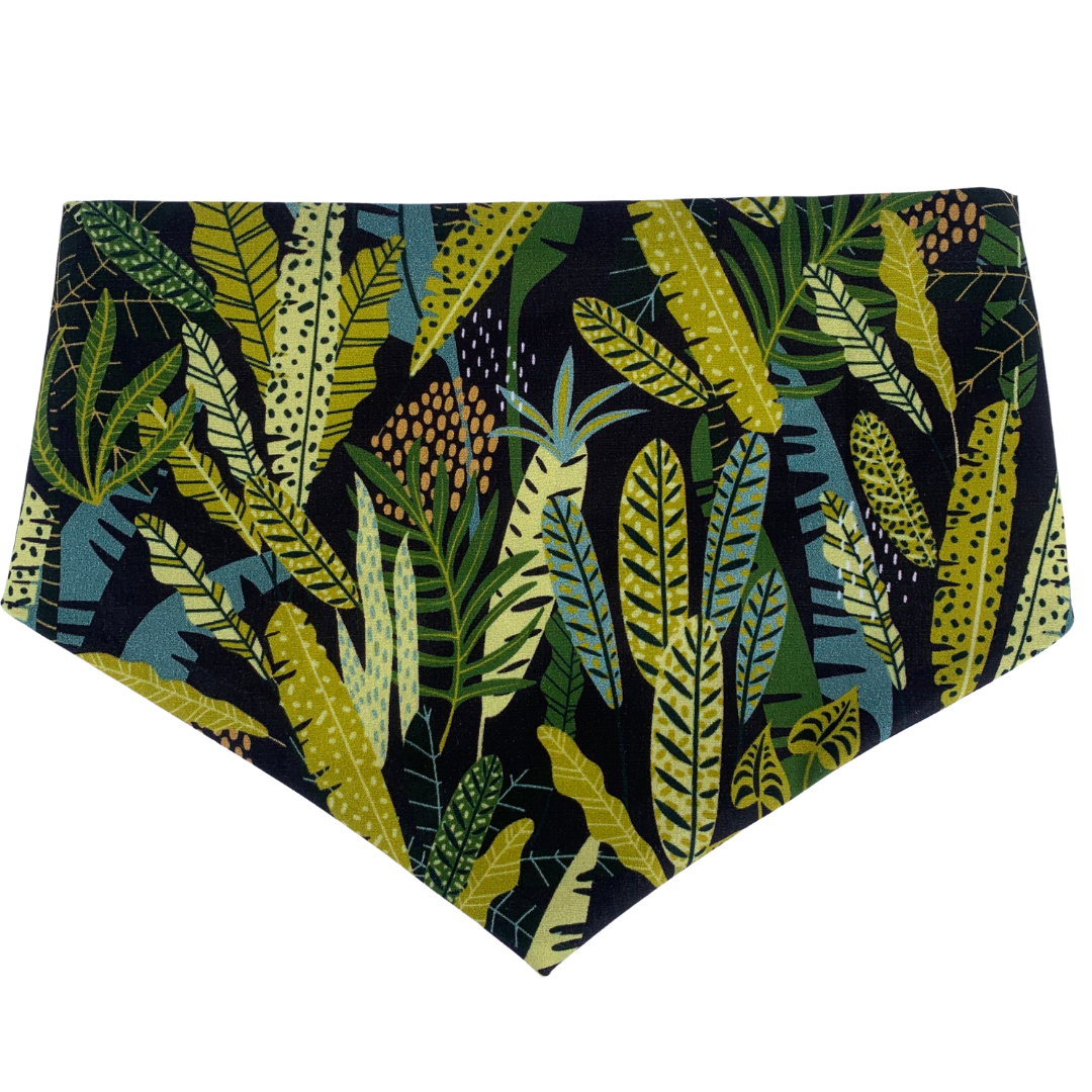 various leafy green fabric dog bandana with black background made in New Zealand