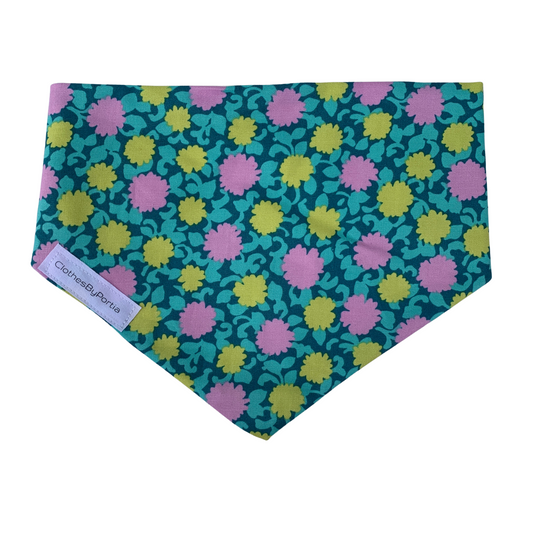 dog bandana with pink and yellow daisies on jade green background made in NZ