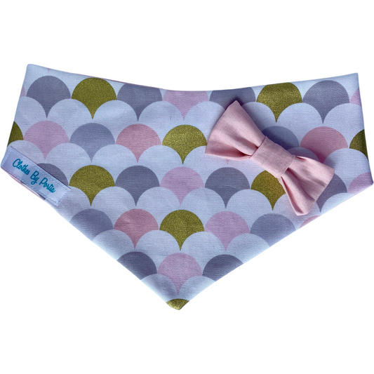 white, grey, peach and gold scallop print fabric dog bandana with pink bow made in New Zealand