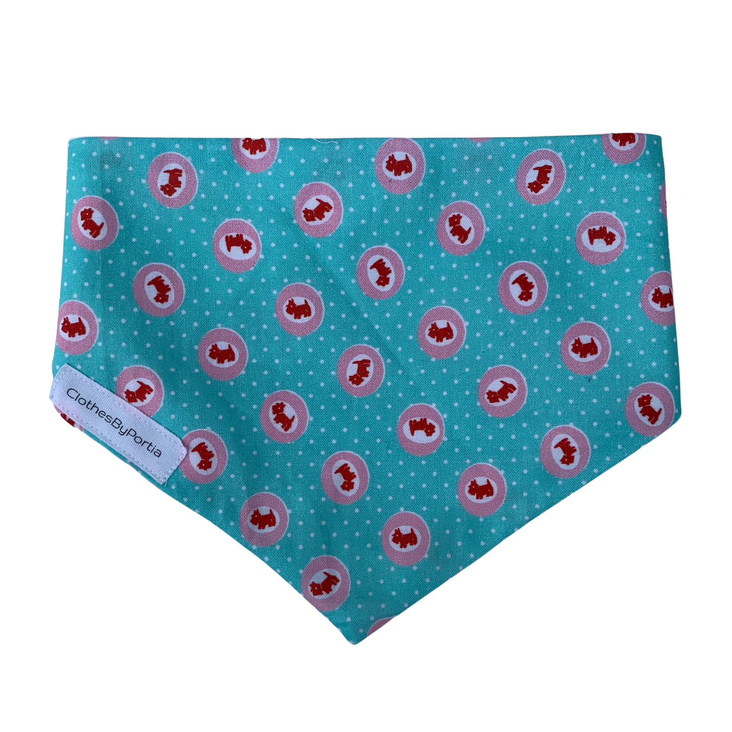 turquoise dog bandana with small pink circles containing red scotty dogs made in New Zealand